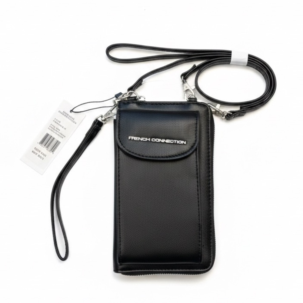 NWT French Connection Athena Smooth Phone Crossbody Wristlet Bag Black